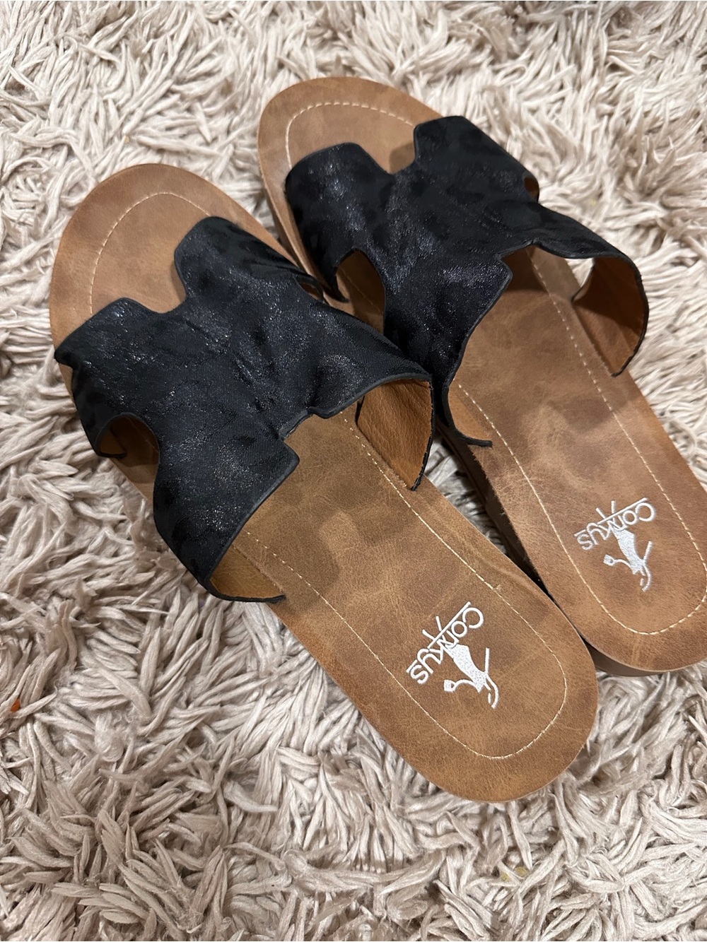 Corkys Black glitter cheetah print/tan Slide Sandals for Women